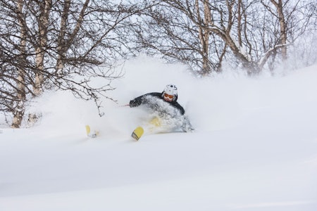 ALLTID FORAN: Hvis du tror du skal få førstespor på Geilo, har Terje Halstensgård alltid vært der før deg. Her er han på hjemmebane i Halstensgård. Foto: Vegard Breie Geilo fri flyt guide ski pudder freeride offpiste topptur randonee
