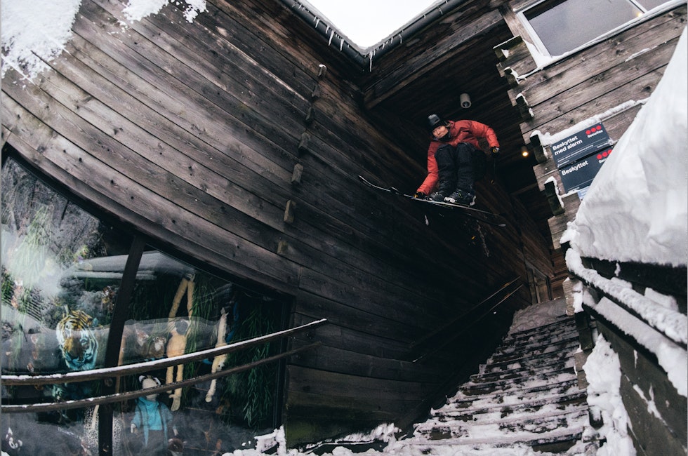 skikjører i trapp med tiger som tilskuer