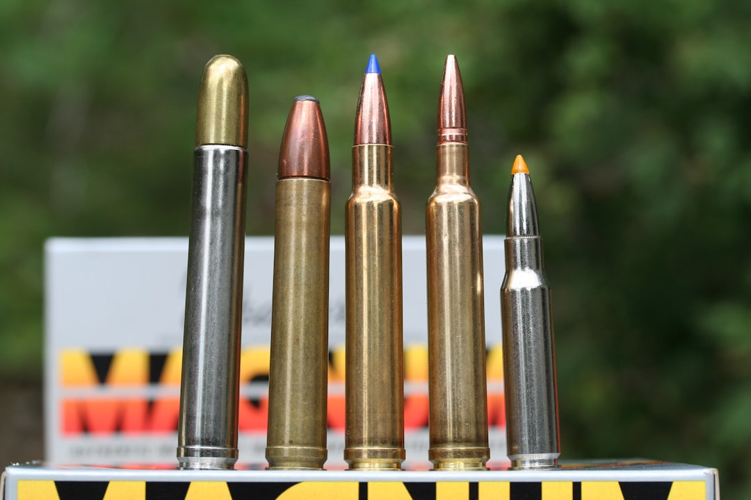 AFRIKAPATRONER: Her er et utvalg av kalibrene Abraham har brukt i Afrika. Fra venstre 458 Lott, 340 Weatherby Magnum, 6,5-300 Weatherby Magnum og 308W.