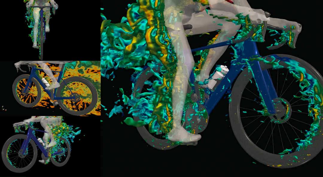 LUFTSTRØMMER: En visualisering av luftstrømmene på rytter og sykkel.