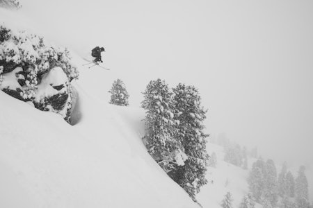 TOP NOTCH SKOG: Skogskjøringa i Kaltenbach er høyt på listen over Alpenes beste skogskjøring. Her finner Erlend Wassdahl Meirik en fin huck like ved stolheisen Neühuttenbahn. Dessverre har en kokende planet gjort sitt til at det er veldig langt mellom slike dager i de lavere skisentrene i Alpene. gutt som hopper på ski i skog pg pudder