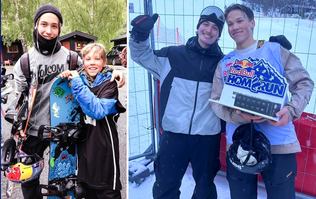 9 ÅR SENERE: Tobias Åbelvold som vant snowboardklassen fikk et ganske morsomt gjensyn med Marcus Kleveland. Det ene fra Kiddycamp på Juvass i 2015, og det andre tatt etter mottatt trofé.