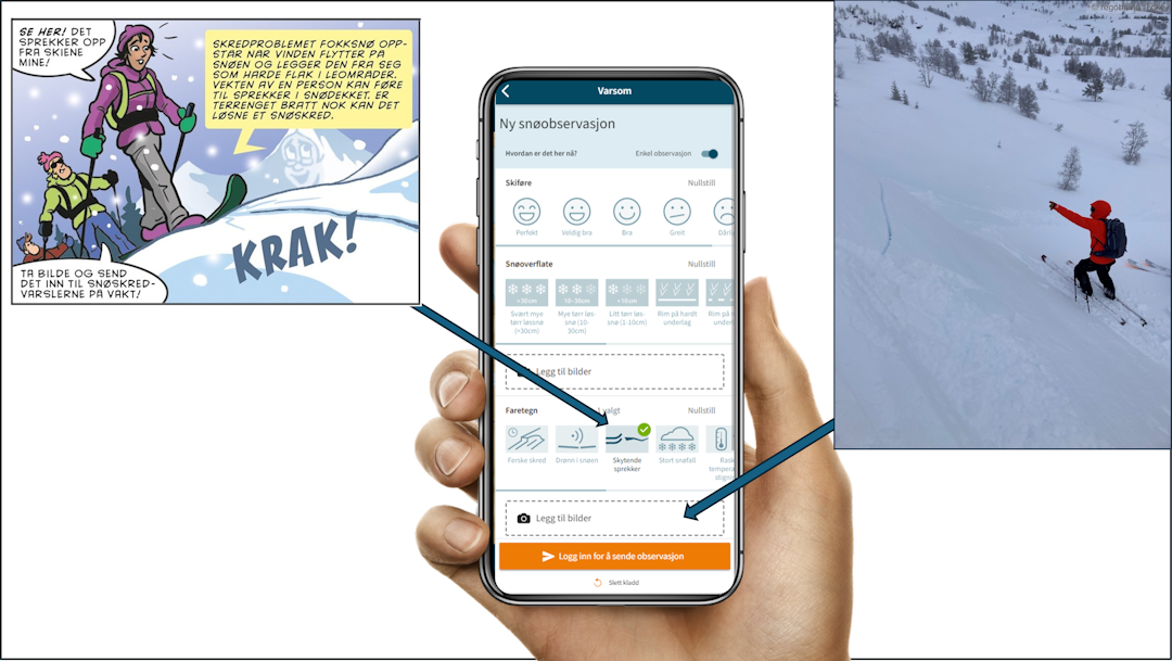 APP: Observasjoner av snøforholdene til fjells legges inn med varsom- og regobs-appen. APP: Observasjoner av snøforholdene til fjells legges inn med varsom- og regobs-appen.