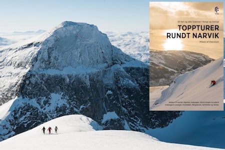 OPPDATERT: Den nye utgaven av boka Toppturer i Narvik er blant de aller første toppturguidebøkene som tar i bruk det nye KAST-systemet. Foto: Daniel Rönnbäck bok og tre karer på skitur