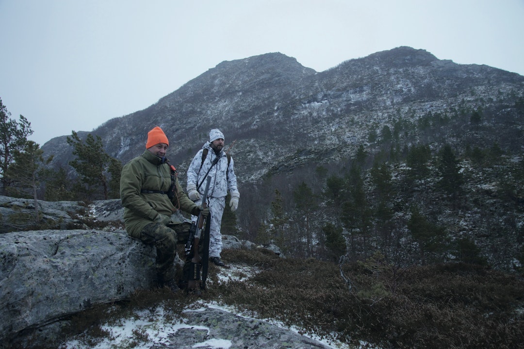 UTFORDRENDE TERRENG: Gaupejegere ved Magnhildberget. I fjellsida bak jegerne klarte ikke hundene å følge gaupa i berg og is.