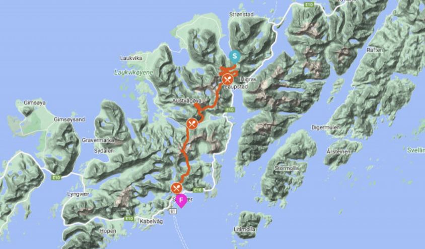 LANGLØYPA: Dette var utgangspunktet for Lofoten Skimo 2024. Foto: Skjermdump/thearctictriple.no Løype Lofoten Skimo 2024