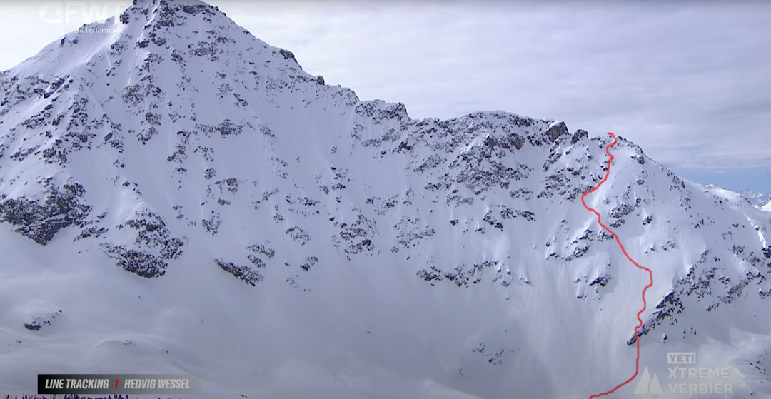 HEDVIGS LINJE: De beste jentene i fredagens konkurranse kjørte denne linja på Petit Bev de Rosses i Verbier, men Hedvig Wessel kjørte den best av alle. fjell med rød strek