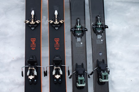 DUELLTEST: Dynafit Ridge (til venstre) kommer i vinter og Marker Cruise ble lansert i høst. Begge toppturbindingene har brukervennlighet i fokus, og temmelig lik vekt og utløserverdi. Foto: Tore Meirik to par ski med bindinger