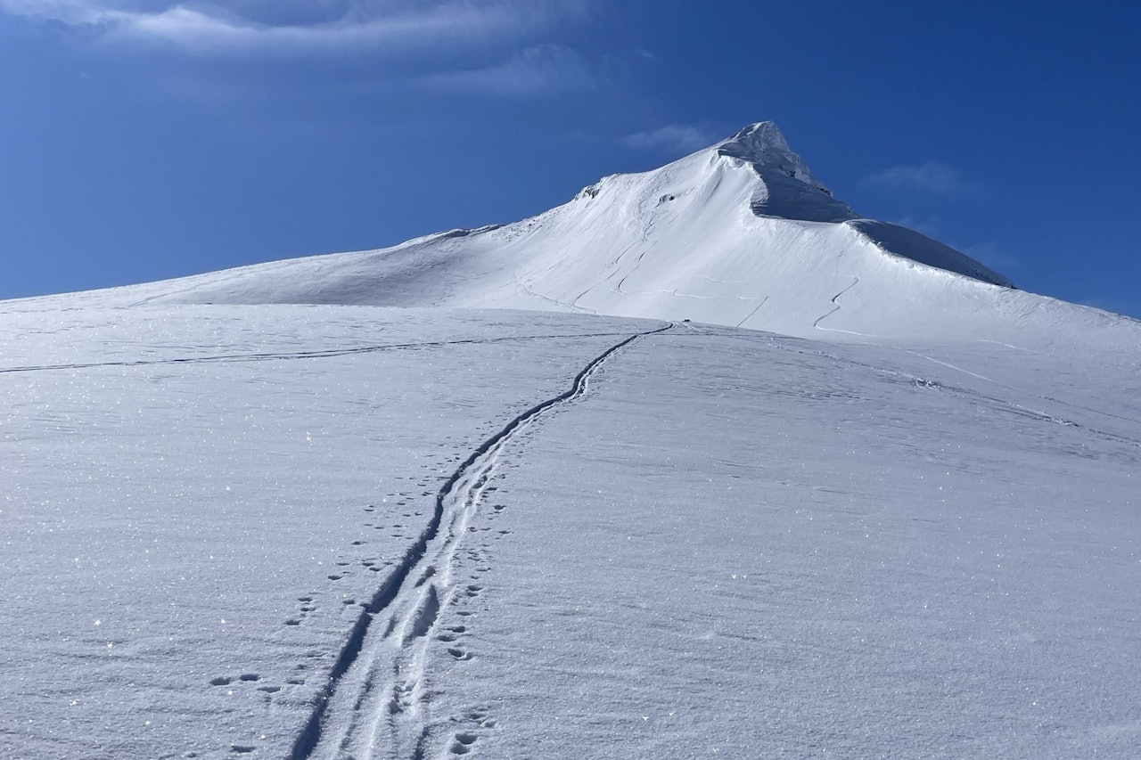 FINT: Tirsdag var en flott dag i Indre Sogn, men her kan det være skumle lag nede i snødekket. Foto: jostein@nve / regobs.no skispor mot fjell