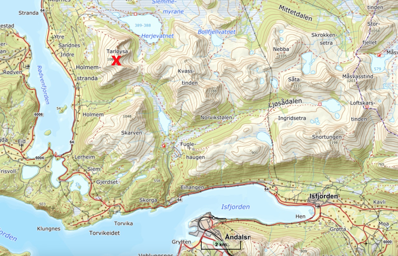 ULYKKESSTEDET: Tarløysa ligger nordvest for Åndalsnes og Isfjorden. kart