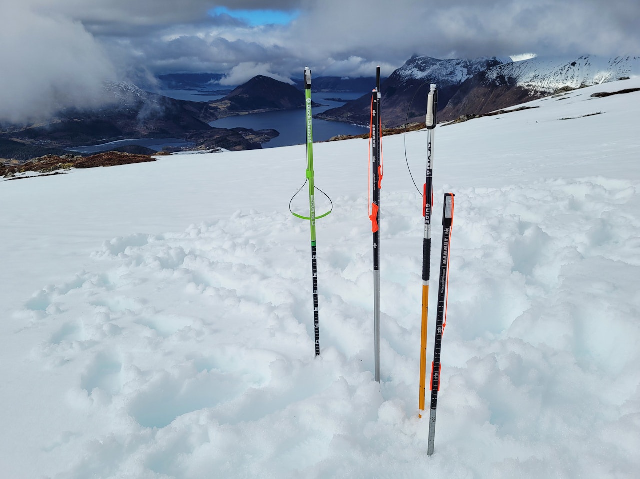 TESTET: Vi har testet mange søkestenger for redning i snøskred, inkludert disse fem som er godkjent av UIAA. Foto: Christer Lundberg Nes søkestenger på et fjell