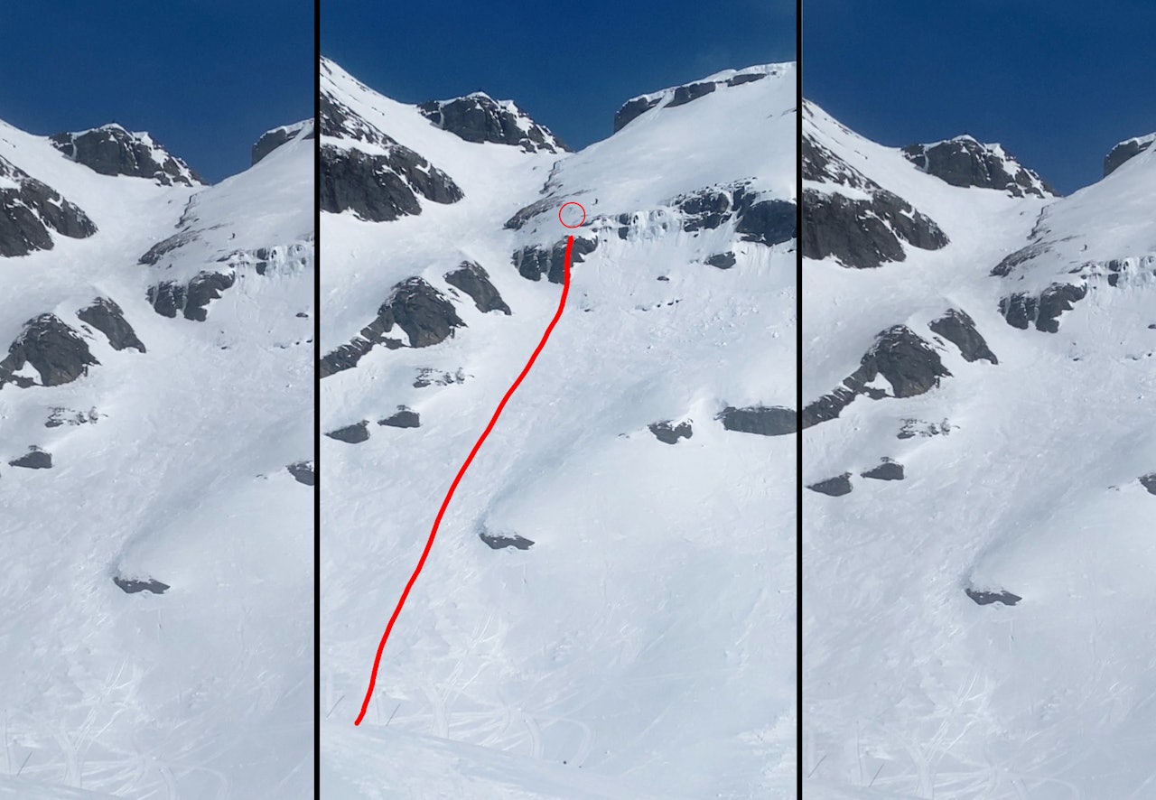 FALLET: Like før droppet hektet deltageren skien slik at den falt av. Den bratte facen gjorde at hun skled ned fjellsiden. FALLET: Like før droppet hektet deltageren skien slik at den falt av. Den bratte facen gjorde at hun skled ned fjellsiden.