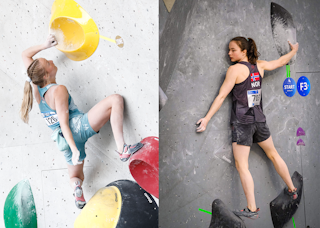 Sammensatt bilde av to kvinner som klatrer innendørs