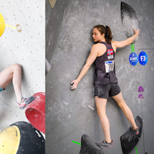 Regine Storå og Ingrid Kindlihagen ønsker seg landslagstrener. Foto: Miguel Luis/Sverre Skjold Sammensatt bilde av to kvinner som klatrer innendørs