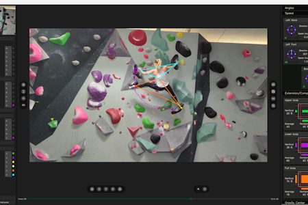Skjermbilde av Belay AI i bruk. Her er det Regine Storås bevegelser som analyseres.. Foto: Jorge Hermoso Skjermbilde av klatrende kvinne med fargede streker som viser hvordan hun beveger seg.