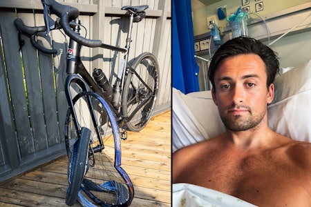 SYKKELVRAK: Benjamin Forthun og sykkelen fikk seg en real trøkk i det brutale sammenstøtet med den motgående teslaen. Foto: Privat SYKKELVRAK: Benjamin Forthun og sykkelen fikk seg en real trøkk i det brutale sammenstøtet med den motgående teslaen. Foto: Privat
