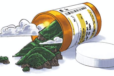 PUST INN; PUST UT. Ørsmå VOC-er fra skogen sørger for positive helsefordeler. Illustrasjon: Didrik Magnus-Andersen PUST INN; PUST UT. Ørsmå VOC-er fra skogen sørger for positive helsefordeler. Illustrasjon: Didrik Magnus-Andersen