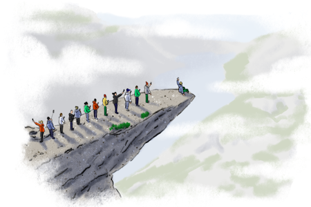 SELFIE-KØ: Nærmere 100.000 mennesker kommer til Trolltunga for å ta det «unike» bildet over Ringedalsvannet hvert år. Illustrasjon: Didrik Magnus-Andresen Illustrasjon av folk som vil ta selfies på Trolltunga