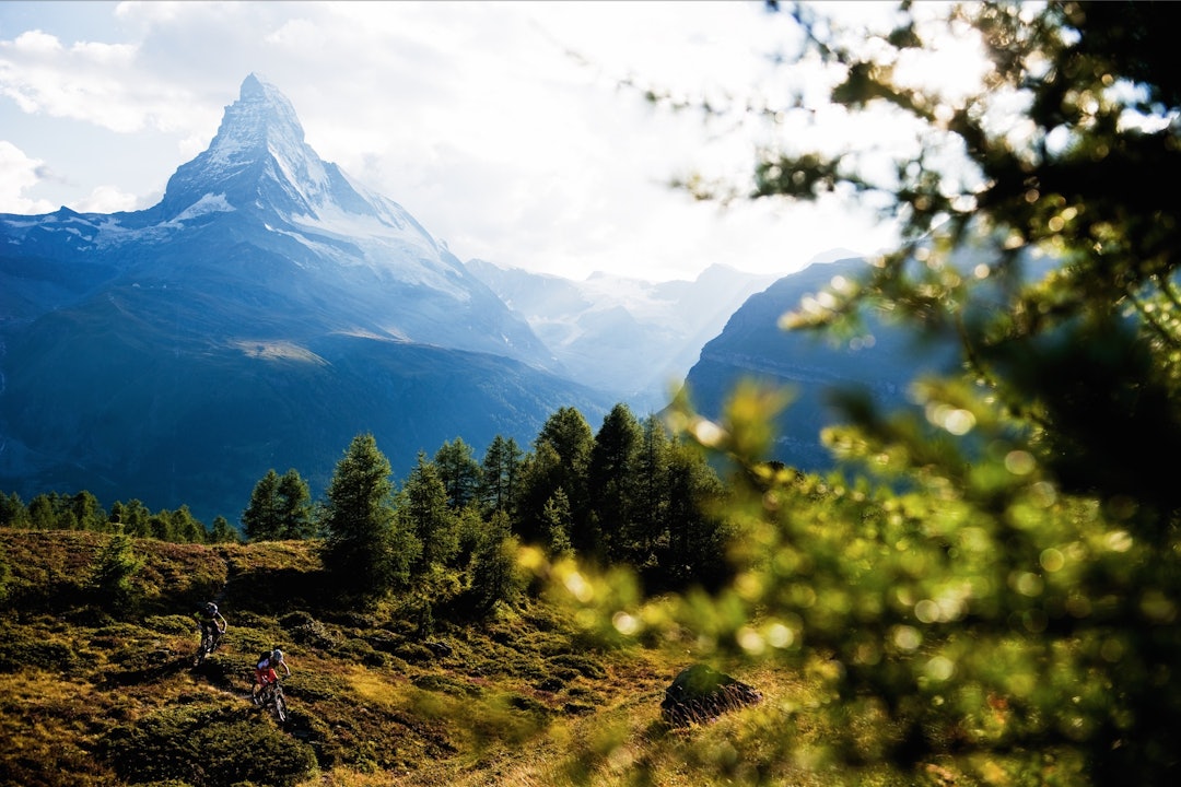DELER PÅ GODENE: Stinettet rundt Zermatt er imponerende stort. Like imponerende er det at den klassiske fotturdestinasjonen er så velkomne overfor syklister også. Del stien-konseptet gjelder, og det fungerer bra. Her sykler Karen Eller og Holger Meyer ved Sunnegga. zermatt