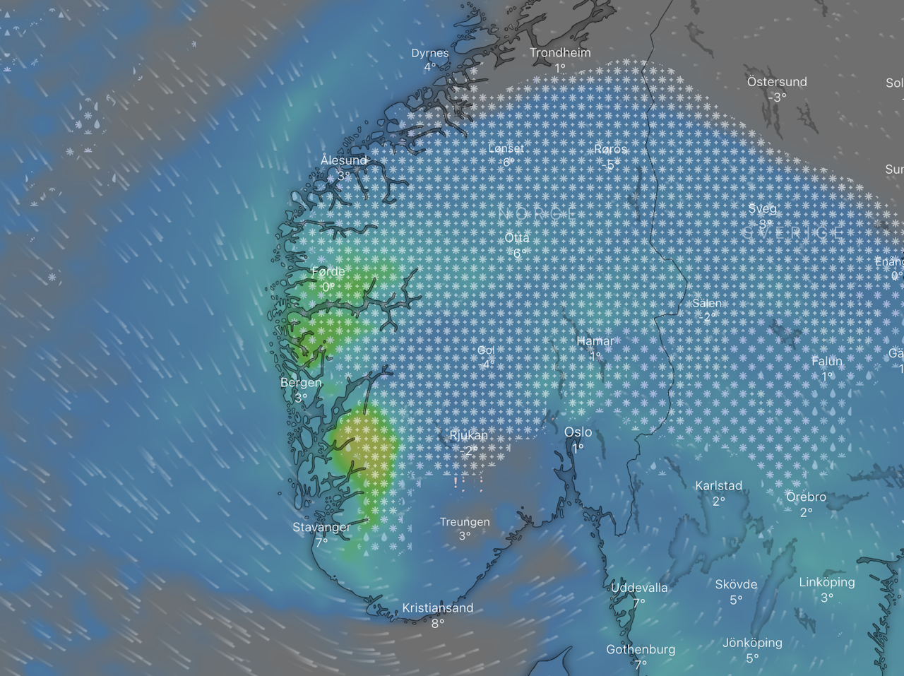 FOR EKSEMPEL: Windy viser hvordan et lavtrykk fra nordvest gir påfyll av snø sør i Norge. Skjermbilde: Windy.com windy