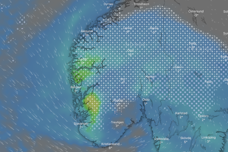 FOR EKSEMPEL: Windy viser hvordan et lavtrykk fra nordvest gir påfyll av snø sør i Norge. Skjermbilde: Windy.com windy