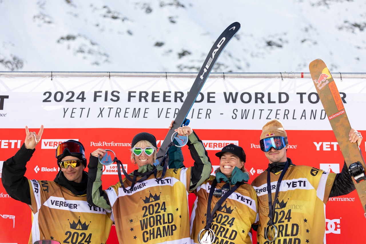 2024: Verdensmesterne i Freeride World Tour på rekke og rad. Hedvig Wessel nest lengst til høyre. Foto: Greg Ceas / FWT 2024: Verdensmesterne i Freeride World Tour på rekke og rad. Hedvig Wessel nest lengst til høyre. Foto: Greg Ceas / FWT