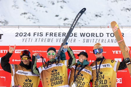 2024: Verdensmesterne i Freeride World Tour på rekke og rad. Hedvig Wessel nest lengst til høyre. Foto: Greg Ceas / FWT 2024: Verdensmesterne i Freeride World Tour på rekke og rad. Hedvig Wessel nest lengst til høyre. Foto: Greg Ceas / FWT