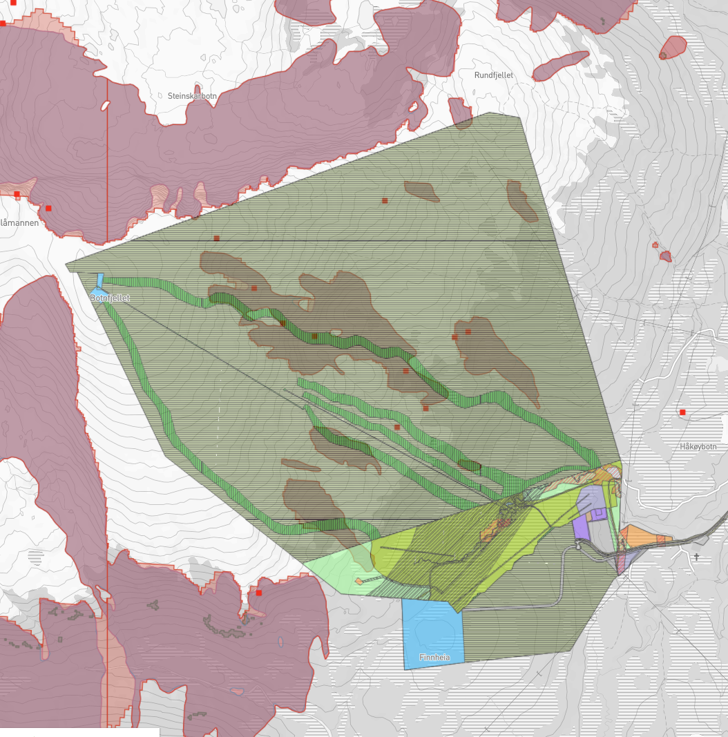 Reguleringsplanene til Arctic Center lagt over NVEs aktsomhetskart for snøskred, og tidligere registrerte skredhendelser. Foto: Utklipp fra Kommunekart.com Reguleringsplanene til Arctic Center lagt over NVEs aktsomhetskart for snøskred, og tidligere registrerte skredhendelser. Foto: Utklipp fra Kommunekart.com