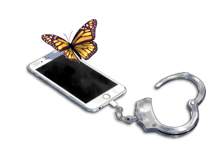 LENKET TIL SKJERMEN: Dopamin-avhengighet ytrer seg som rastløshet, konsentrasjonsvanskeligheter, tyngende stress, depresjon og ikke sjelden utbrenthet, skriver Nils Faarlund. Illustrasjon: Didrik Andresen mobil håndjern sommerfugl illustrasjon til kommenter av Nils Faarlund