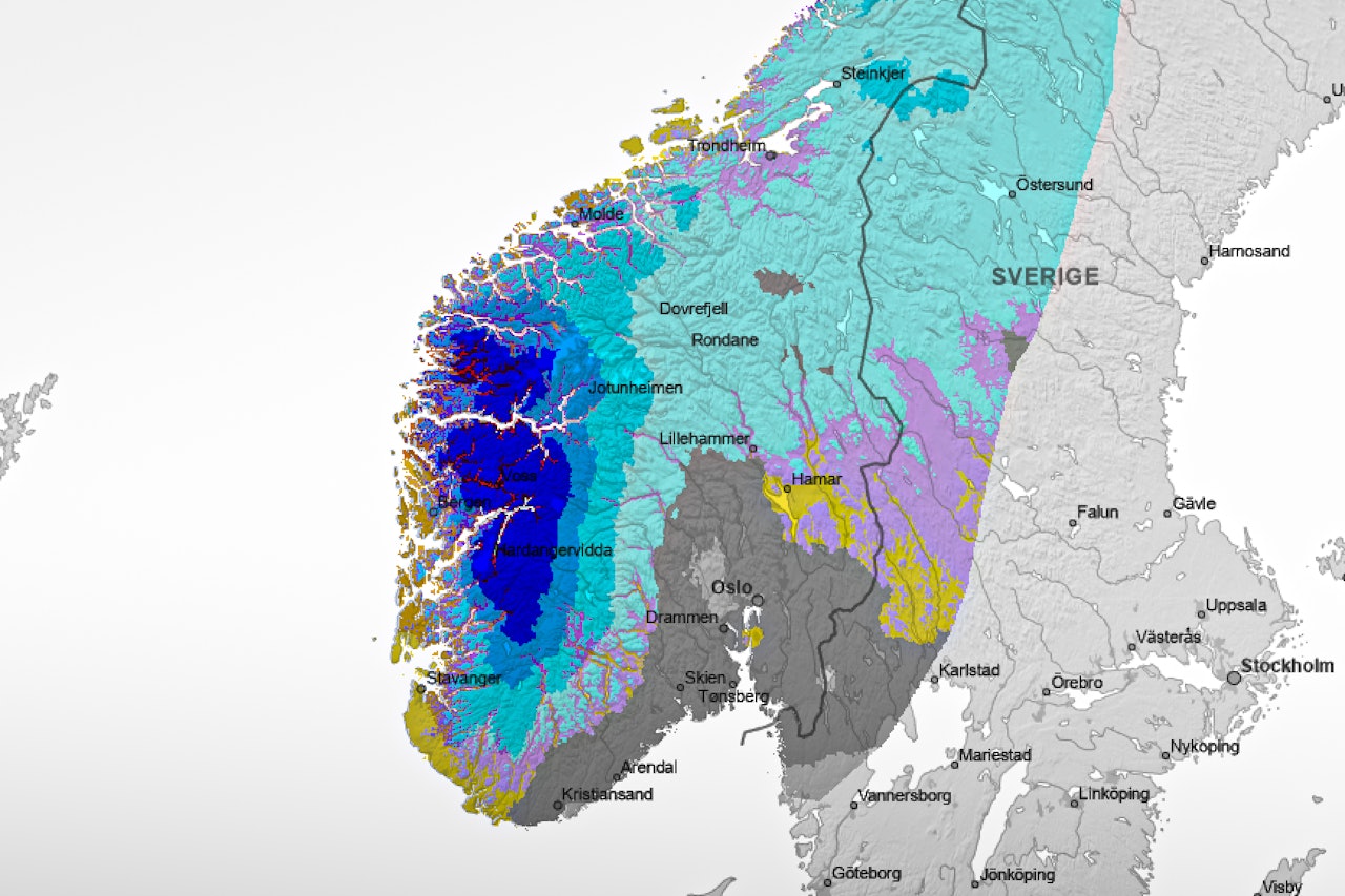 Slik ser prognosen ut for Sør-Norge lørdag 25. januar. Mørkeblå områder betyr over 40 mm med snø. Skjermdump: Senorge.no Slik ser prognosen ut for Sør-Norge lørdag 25. januar. Mørkeblå områder betyr over 40 mm med snø. Skjermdump: Senorge.no