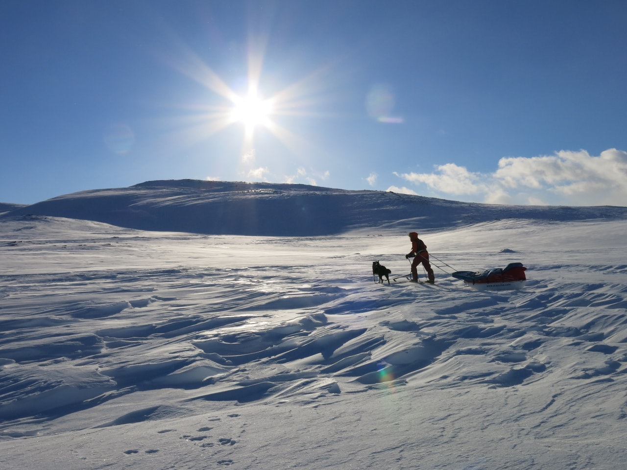 80 MIL MED SKI OG PULK Inger og Minik tråkker seg over et vindblåst parti i Indre Troms. Foto: Therese Kongsli Jakobsen. nordkalottruta