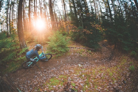 UTENOM ARBEIDSTID: Når Johanna Kychler ikke jobber på mtbstore.se i Gøteborg sentrum, sykler hun på stiene i skogen ikke langt unna butikken. Her i Ängårdsbergen. Foto: Kristoffer H. Kippernes syklist på sti med solgløtt gjennom trærne