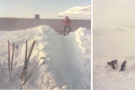 RAUHELLLEREN PÅSKEN 1987: Mellom hytta og toalettet var det et tau for å sikre at man ikke blåste bort. Etter hvert bygget det seg opp en skavl foran hytta. Til høyre, et hundespann som venter på å komme seg videre. Foto: Sveinung Espedal RAUHELLLEREN PÅSKEN 1987: Mellom hytta og toalettet var det et tau for å sikre at man ikke blåste bort. Etter hvert bygget det seg opp en skavl foran hytta. Til høyre, et hundespann som venter på å komme seg videre. Foto: Sveinung Espedal