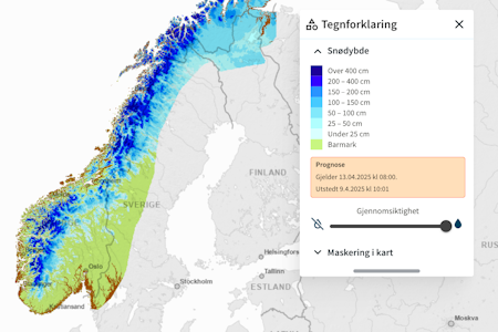 PROGNOSEN FOR PALMESØNDAG: Det mørkeblå feltet indikerer snødybde fra 200 meter eller mer. Kart/illustrasjon: senorge.on PROGNOSEN FOR PALMESØNDAG: Det mørkeblå feltet indikerer snødybde fra 200 meter eller mer. Kart/illustrasjon: senorge.on
