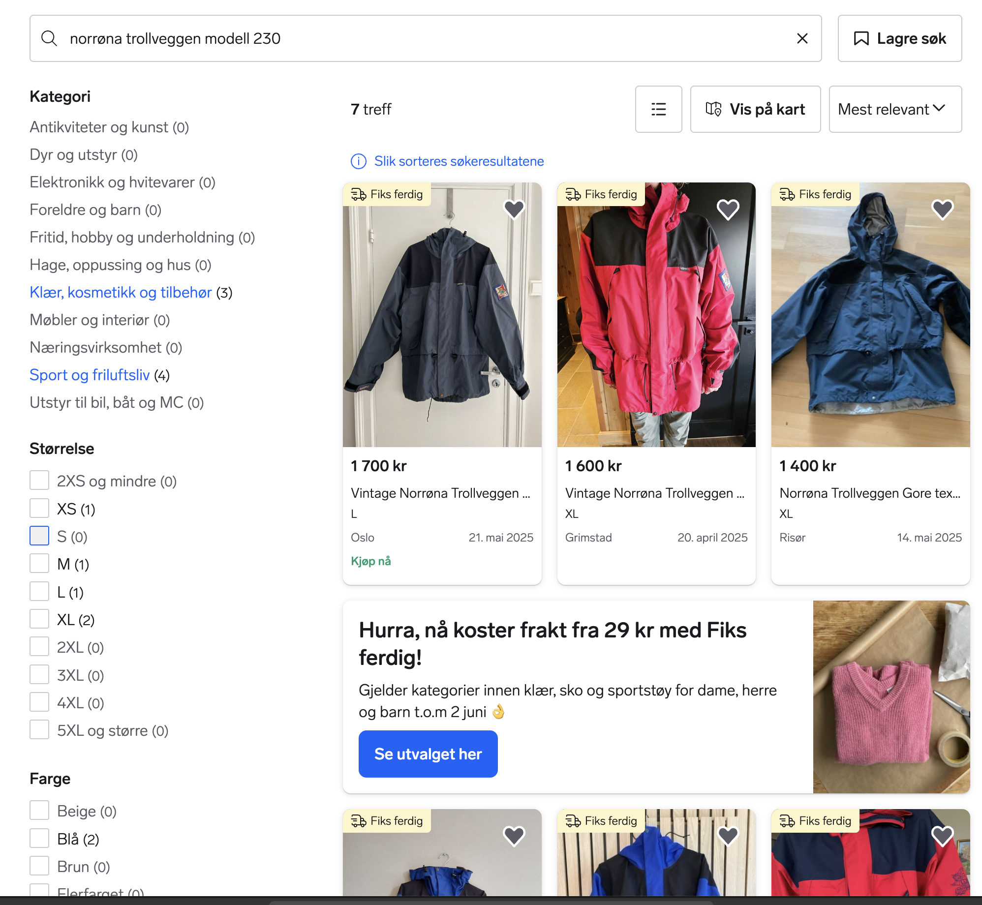 SØK: Et søk på Norrøna Trollveggen modell 230 på gir syv treff på finn og ett på tise.