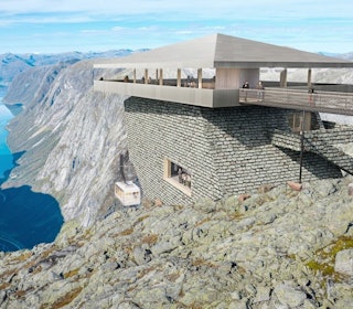 – TULLETE PROSJEKT: Toppstasjonen på den planlagte gondolen ligger helt inntil nasjonalparkgrensen, og gjestene får ikke gå utenfor gjerdet uten guide. Illustrasjon: Norconsult illustrasjon av gondolheis i fjellet