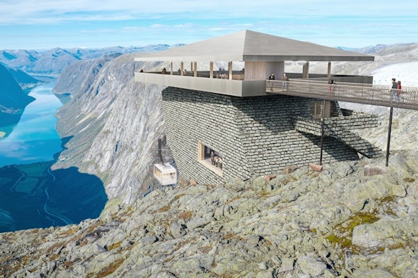 TOPPEN: Slik blir toppstasjonen seende ut, hvis prosjektlederen for Jostedalsbreen AS får det som han vil. Illustrasjon: Norconsult illustrasjon av gondolheis i fjellet