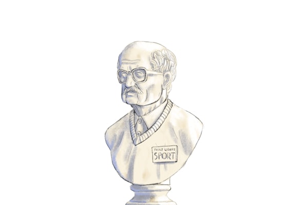 MANNEN I BUTIKKEN: Inne i klatrebutikken, mellom stabler av dynamiske tau og skrukarabinere, sto en eldre herre med bart og skinnsandaler. Han så på meg. Jeg så på ham, skriver Eivind Eidslott. Illustrasjon: Didrik Andresen finale ligure sport