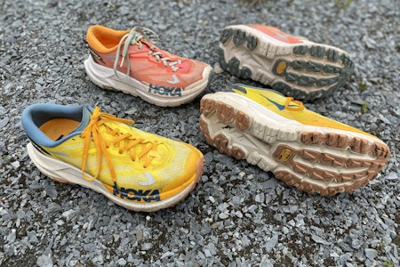 NYHET: Vi har testet Hokas nye altmulig-terrengløpesko Mafate X. Foto: Tore Meirik gule og rosa joggesko