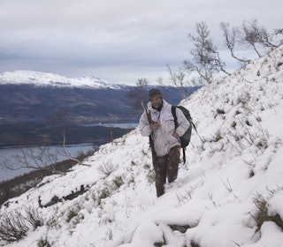 FJELLJEGER: Med jaktradio, kikkert og rifle Stig Roar har vid utsikt over fjell og fjord, men hvor er elgoksene? Foto: Nils-Olav Talgøy FJELLJEGER: Med jaktradio, kikkert og rifle, Stig Roar har vid utsikt over fjell og fjord, men hvor er elgoksene? Foto: Nils-Olav Talgøy