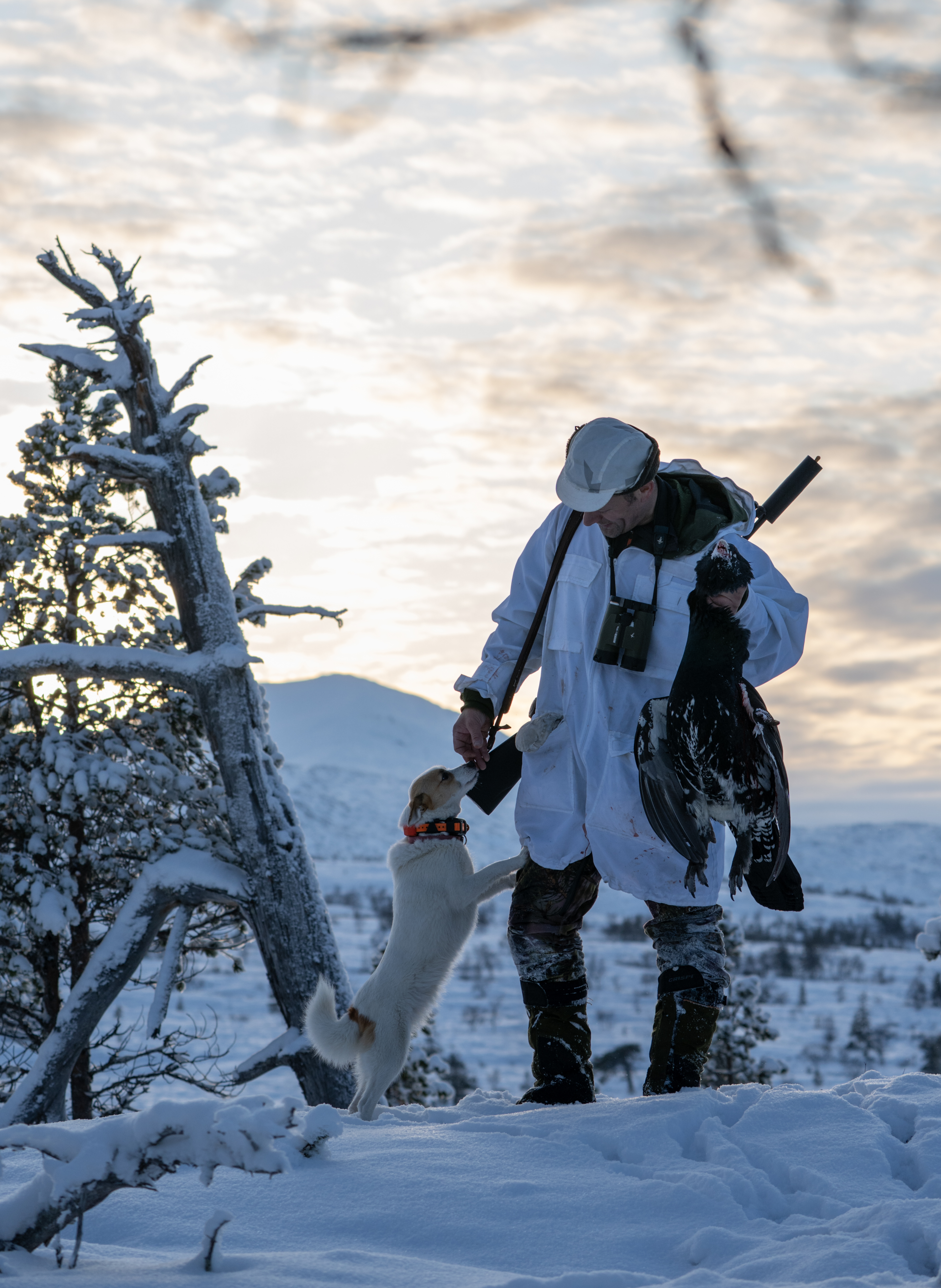 Jeger og hund med tiur i vinterlandskap