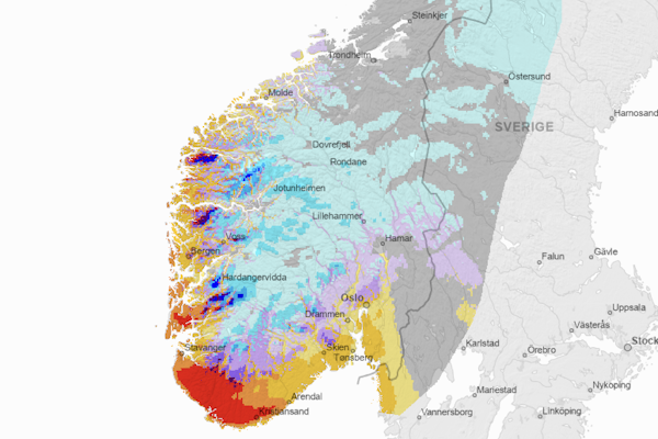LAVTRYKKSAKTIVITET: Et værsystem utenfor Island presser vind fra sør og sørger for en god del nedbør i Sør-Norge. Skjermdum: Senorge.no LAVTRYKKSAKTIVITET: Et værsystem utenfor Island presser vind fra sør og sørger for en god del nedbør i Sør-Norge. Skjermdum: Senorge.no