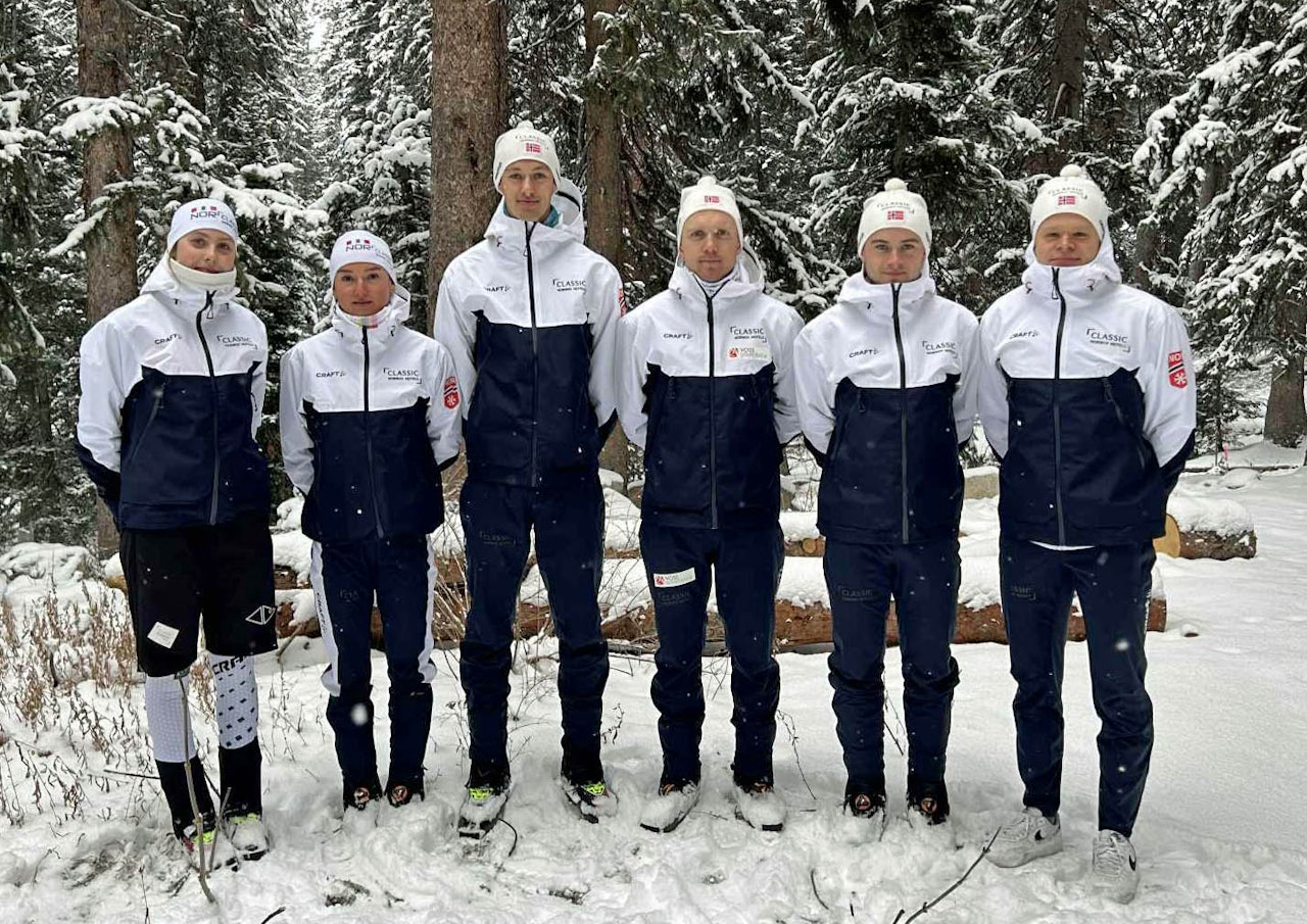 RANDONEE-LANDSLAGET: Fra venstre har vi Elise Hjelset Andersen, Ida Waldal, Trym Dalset Lødøen, Hans-Inge Klette, Erik Kårvatn og Sander Engdahl. Foto: Norges Skiforbund randoneelandslaget 25/26