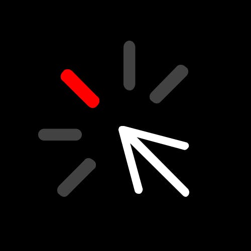 The image shows a digital loading icon consisting of rotating black and gray segments with one red segment, set against a black background.