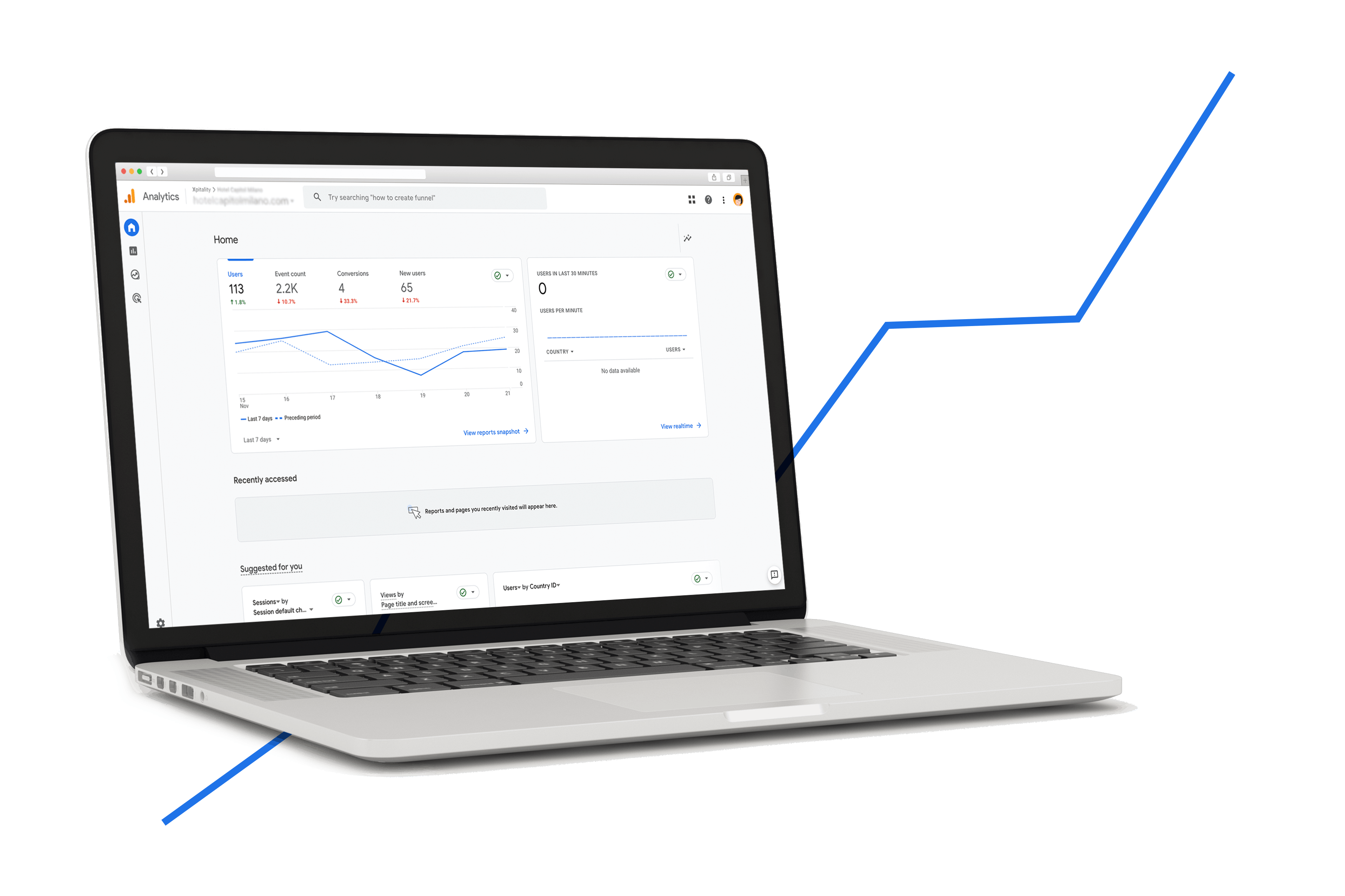 Un laptop che mostra una dashboard di analisi dei dati. Lo schermo visualizza grafici, metriche e suggerimenti, con icone di navigazione sulla sinistra. Lo sfondo è bianco uniforme e due linee blu si estendono dagli angoli inferiori sinistro e destro dell’immagine.