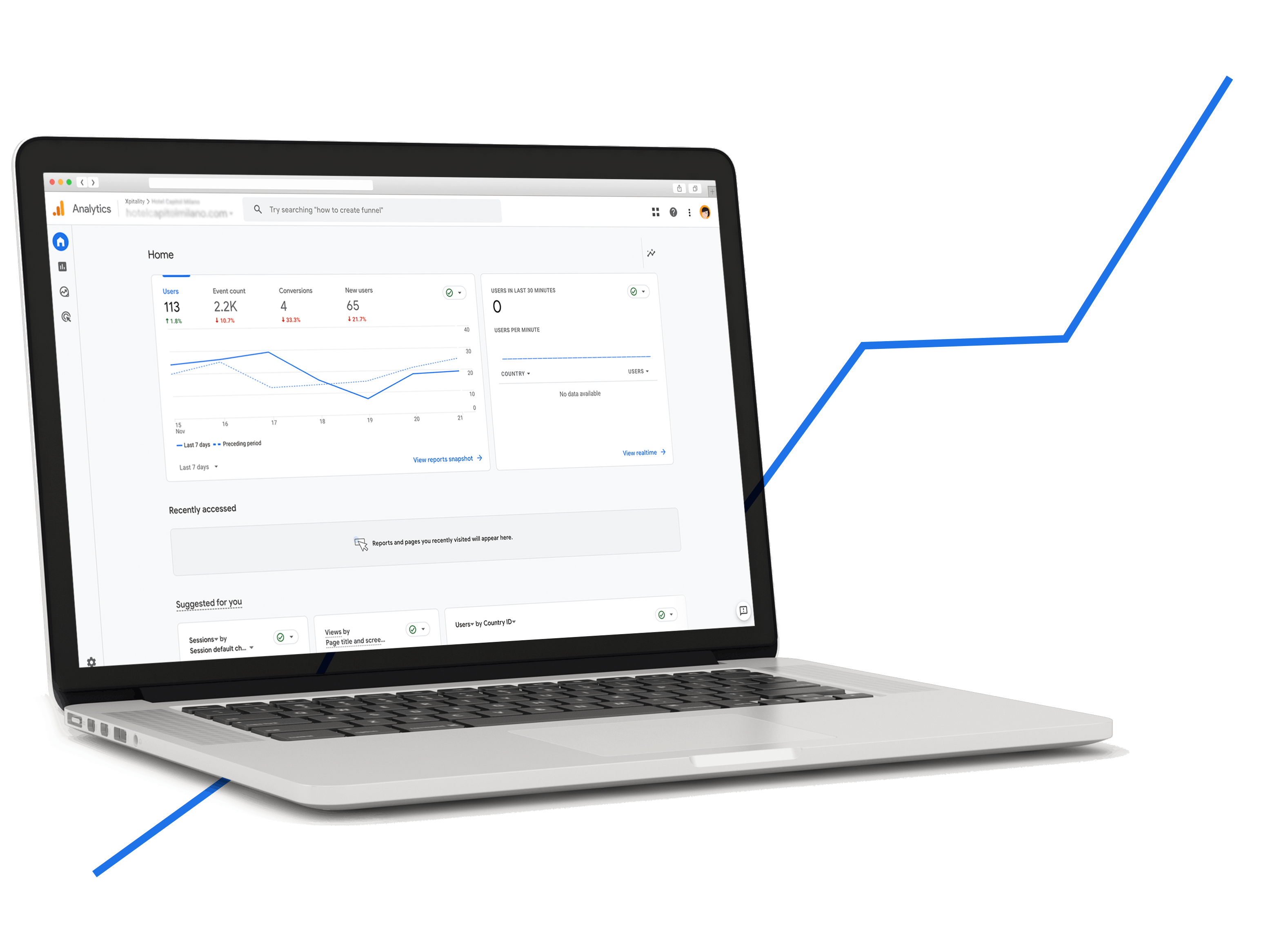 Un laptop che mostra una dashboard di analisi dei dati. Lo schermo visualizza grafici, metriche e suggerimenti, con icone di navigazione sulla sinistra. Lo sfondo è bianco uniforme e due linee blu si estendono dagli angoli inferiori sinistro e destro dell’immagine.