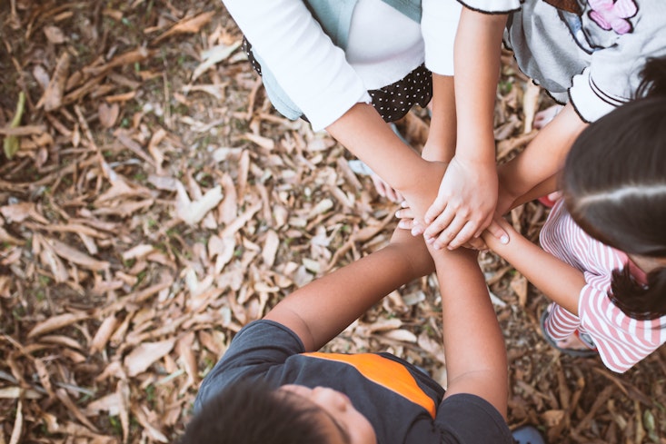 enfants se tenant la main sur les feuilles