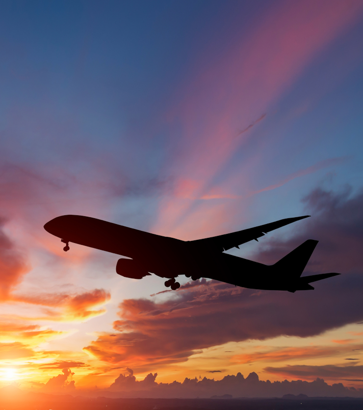 Silhouette of plane against sunset sky