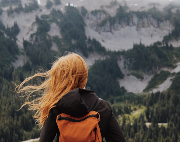 Traveller looking out over forests
