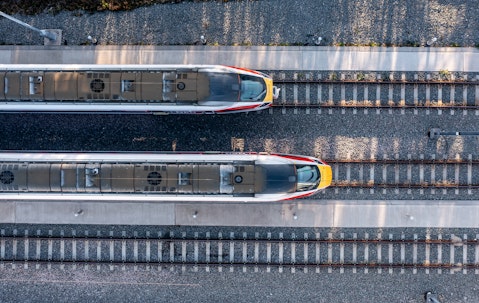 Aerial view of two trains